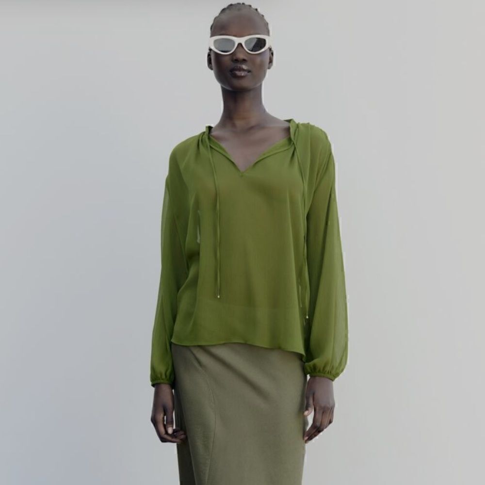 ZARA SEMI-SHEER TIED BLOUSE